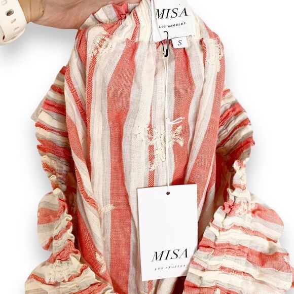 Misa Los Angeles Embroidered Mini Off Shoulder Dress Coral Red White Striped S - Picture 4 of 9